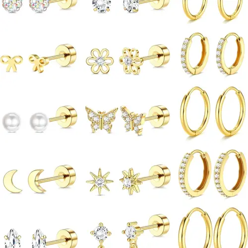 15 Pairs 316L Surgical Stainless Steel Flat-back for Women Girls 14K Gold-plated Surgery Earrings Earrings Girls Cute Earrings Earrings Set Small Huggie Hoops Cartilage Earrings Stack Trend Jewelry Flat Back Stud Earrings Earring Stacks