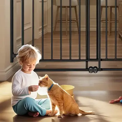 Keep Your Toddlers & Pets Safe! 29" Extra Tall Baby Gate, Adjustable Width (27.5"-43"), Wall-Mounted (Drill Required), Self-Closing Walk-Through Door with Dual Locks