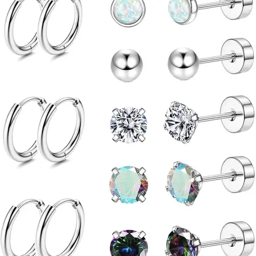 8-Pairs Surgical Steel Stud Earrings with Flat Backs, 20G Small Opal Cartilage Earrings for Sensitive Ears, Hypoallergenic Jewelry