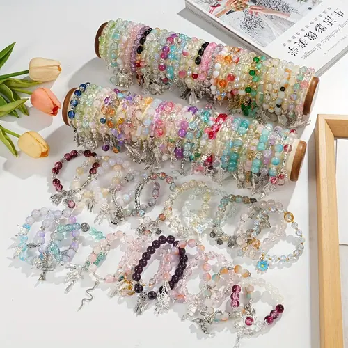 32-Piece Bohemian Charm Bracelet Set for Women, Vintage-Style Multicolor Glass Beads with Floral, Butterfly, Heart & Star Charms, Elastic Stretch Party Jewelry Gift, Accessories For Women, Bracelets For Women