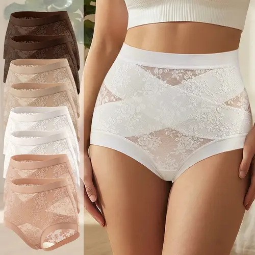 Morelect Women's 4/6/8-Pack Colored Lace High-Waisted Briefs, Elastic Crisscross Front Panties, Soft Breathable Lightweight Everyday Underwear, Colored Lace Briefs, Elastic Briefs