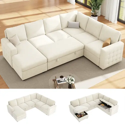【3-4 Packages】86 Inch Sectional Sleeper Sofa, 5 Seat L Shaped Sleeper Sectional Couch with Pull Out Bed, Convertible Sofa Bed with Storage for Living Room, Apartment, Modular Cloud Couches