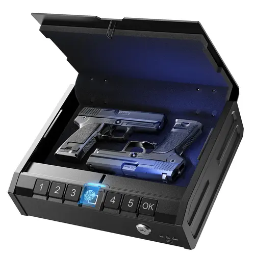 Iron PRO Biometric Fingerprint Gun Safe, Swift Entry Anti-Theft Safe with Interior Light, Emergency Power Supply, Automatic Locking for Home Nightstand, Bedside, Car Personal Use