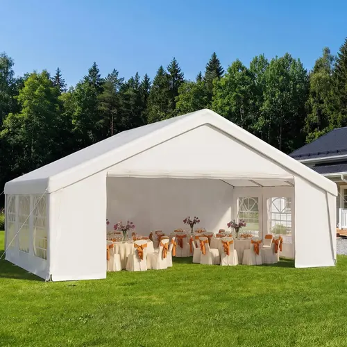 Aoxun Heavy-Duty Steel Frame Patio Canopy Party Tent, 32x16 FT/40x20 FT, Sturdy Base, Waterproof Material, Removable Sidewalls, Roll-Up Door for Easy Access, Great for Weddings, BBQs, Camping Fun, White (3-Package Shipping), Outdoor