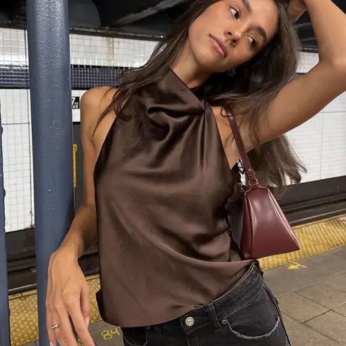Halter Tops for Women Satin Backless Top Female Summer Beach Top Sexy Woman off Shoulder Solid Sleeveless Vest Camisole Top Women Elegant Women's Top Casual Top Camisole Tank Tops