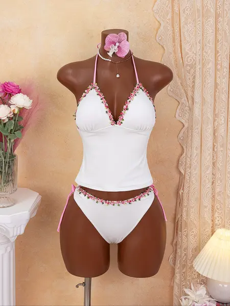 Women's Fashion Tankini Set, Tankini Swimsuits Women, Tankini Swimwear Solid-Color Floral Lace Sexy Tankini Top Bottoms Two-Piece Swimsuit, Perfect for Beach Vacations and Pool Parties