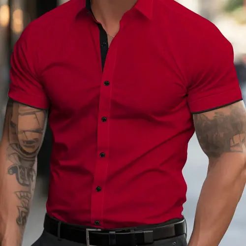 Men's Summer Patchwork Chic Shirt Casual Button Collared Shirts Casual Outings Shirt, Menswear Business Casual Versatile Fitted Style Wear for All Seasons