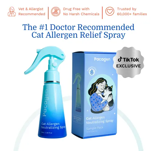 Pacagen Cat Allergen Neutralizing Spray - 70ml Travel Mini Size, Vet-Recommended, Drug-Free, 98% Allergen Removal, Single Item, Powder-Free, No Not-Applicable Features