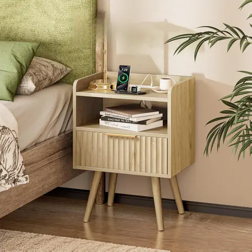 Huuger Modern Bedside Table - Modern Furniture with Charging Station, USB-C Port, USB Ports, Large Fluted Drawer, Solid Wood Legs, Open Storage End Table for Bedroom