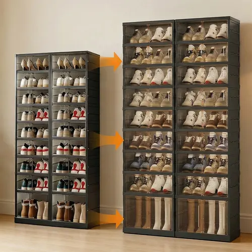 NLDD Extra-Wide & Tall 9-Tier Shoe Cabinet Holds 18 Pairs Clear Doors Wheels for Effortless Storage Stackable Reinforced Frame Ventilation Holes, Shoe Box, Shoe Rack Organizer