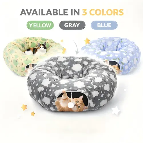 35'' Plush Cat Tunnel Bed for Indoor Cats - Christmas Tree Skirt with Playful Ball, Circle Cushion, Foldable Peekaboo Cave with Peekaboo Hole, Festive Look for Cozy Naps, Interactive Pet Toy