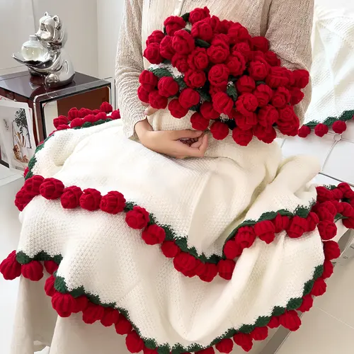 【Graduation Gift】Crochet Flower Bouquet Rose Blanket 2-in-1 Handmade 3D Knitting Round Design 31-62 inch for Mother’s Day Birthdays Anniversary Gifts