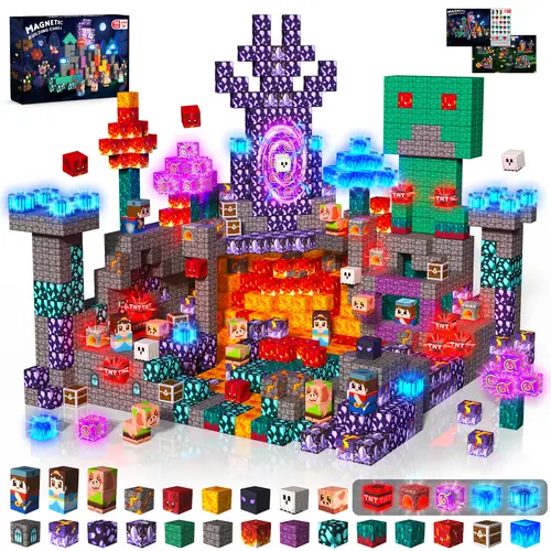 Magnetic Blocks with Light up Blocks -150PCS Magnetic Blocks for Kids Ages 4 5 6 7 8+, Magnetic Building Blocks Cubes, STEM Learning Toy for Kids, Easter Birthday Gift for 3-8 Year Old Boys Girls