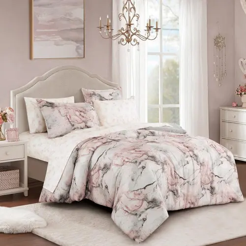 HIG 7-Piece Embroidered Comforter Set - Contemporary Color-Block Patchwork Bed in a Bag with 90"x90" Queen Comforter & 104"x90" King Options