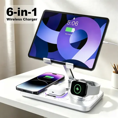 6-in-1 Adjustable Wireless-Wired Charging Stand, Foldable Portable Desktop Phone Accessory for iPhone 17-11 Pro Max, iWatch 11-SE, AirPods 4-Pro, Android Phones/Smartwatches, with Clock & Room Decor Compatibility