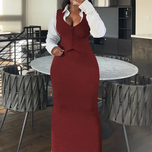 USBoutiqueCHIC Casual Elegant Two Piece Set Sleeveless Button Down Vest + Maxi Skirt Ice Silk Fabric For Women