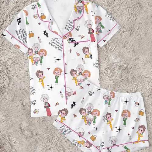 Golden Girls Classic Role Printed Lapel Short Sleeve Shorts Pajama Set, Comfortable Wearable Party Gift Homewear, All Seasons Fitted Casual Style, Loungewear