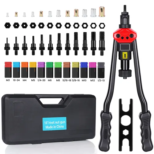 Flycity Rivet Nut Tool Kit, 16-Inch Rivnut Tool Kit with 12 Metric and SAE Mandrels, 176Pcs Rivet nut Assortment Kit, Designed ffor Labour Saving