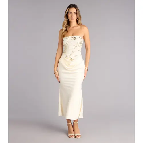 Satin Glow Strapless Beaded Midi Dress