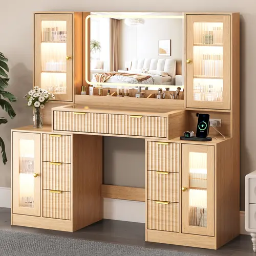 Fluted Makeup Vanity Desk with Mirror and Lights, 55" Glass Top Vanity with 8 Drawers & 4 RGB Glass Cabinets, Adjustable Shelves & Power Outlet, Modern Dressing Table for Women Girls Bedroom, Oak,dorm essentials,home decor