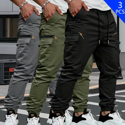 Men's 3-Pack Versatile Activewear Sportswear Pants, Durable Non-Stretch Plain Menswear Fabric, Multi-Casual Pockets, Elastic Drawstring Waistband, All-Season Trousers for Gym, Outdoor Activities, Commuting, Machine Washable, High Durability Men's Pants