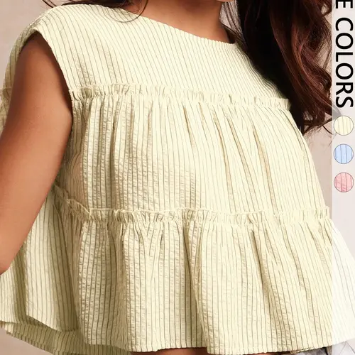 Women's Casual Feminine Summer Textured Striped Woven Round Neck Cap Sleeve Tiered Ruffle Top Blouses for Back to School