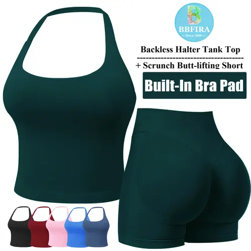 BBFIRA Women's 2-Piece Seamless Workout Set - Halter Backless Crop Top & Scrunch Bum Butt Lift Shorts, Gym Spring Sporty Set