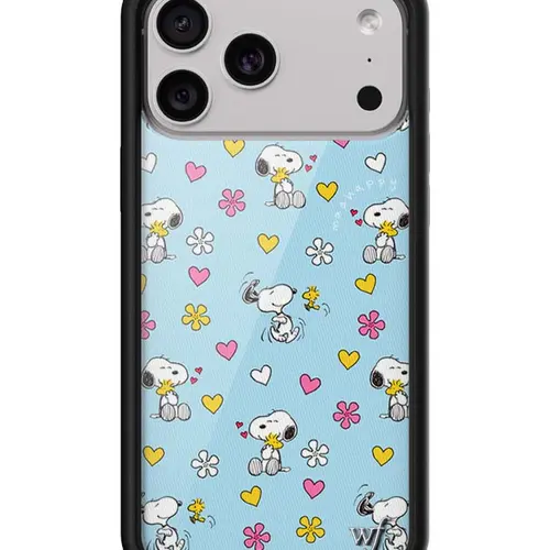 Wildflower Cases x Snoopy Custom Limited Edition iPhone Case - Baby Blue Background with Yellow,Pink Hearts,Flowers,Snoopy & Woodstock,Raised Black Rubber Bumper,Durable Protection,Screen Protector Compatible,Women's Owned Small Business,Gift for Her