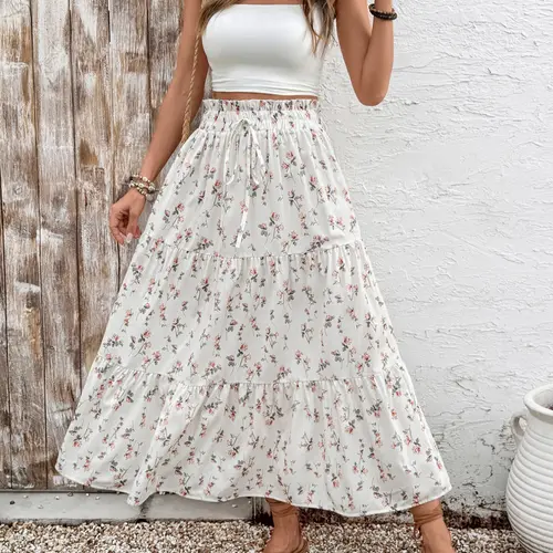 Women's Floral Print Casual Tiered Skirt with Ruffles and Elastic Waist, Long Fitted Skirt for Daily Wear, High Waist Unlined Skirt