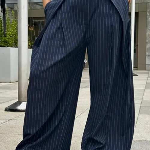 Striped Wide-Leg Pants, Women's Autumn & Spring 2026 Pleated Baggy High-Waisted Pants for Woman, Versatile Streetwear & Office Commute Trousers, Casual Streetwear Trousers, Fashion Bottoms