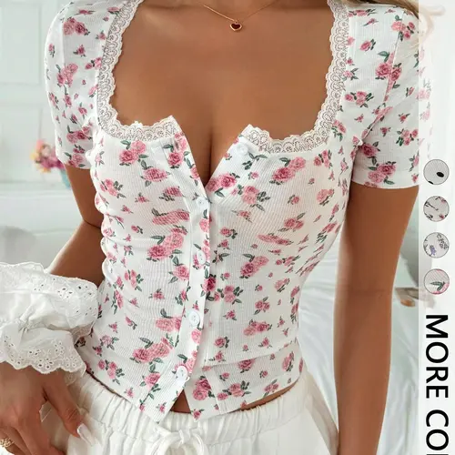 Sweetheart Neck Lace-Trim Short-Sleeve Floral Print Fitted Crop Top, Y2K Casual Aesthetic Cute Style for Daily Wear, Womenswear, Fashion Fitted Clothes