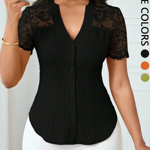 Women's Solid Color Simple Basic Minimalist Fitted Commuter Casual Shirt Summer Style, Ladies Plain Design Office Wear, Comfortable and Stylish Blouse, Button Up Blouse, Button Front Button Fastening Tops