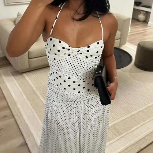 Women's Polka Dot Print Halter Neck Cami Dress, Twisted Ruched Sleeveless Backless A-line Slip Dress for Parties, Dresses For Party, Casual Sweet Style Maxi Long Dresses for Ladies, Summer Wear for Holiday, Beach and Daily Wear, Womenswear