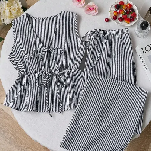 Women's Striped Sleeveless Drawstring Waist Top and Straight Leg Pants Set, Versatile Casual Summer 2-Piece Set, Striped Sets