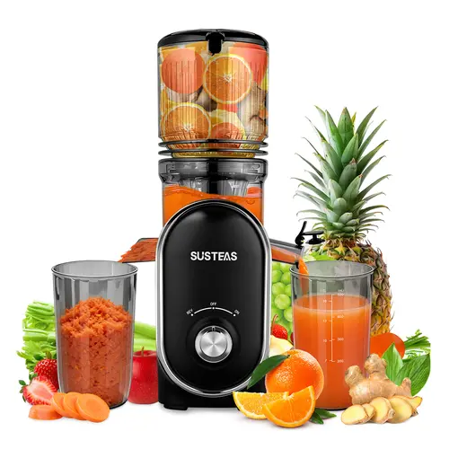 SUSTEAS Cold Press Countertop Juicer - 5.3" Whole Fruit Large Feed Opening Slow Masticator, High Yield, Dual High-Quality Filters, Stainless Steel, Pulp Control, Included Brush Makes Cleanup Faster, Fresh Juice With Less Hassle, Kitchen Appliance