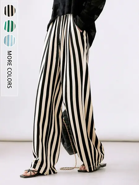 Women's Fashion Elegant Chic Colorblock Wide Leg Striped Elastic Pants, Commuter Office Wear, Indoor Outdoor, All Seasons, Stylish and Comfortable