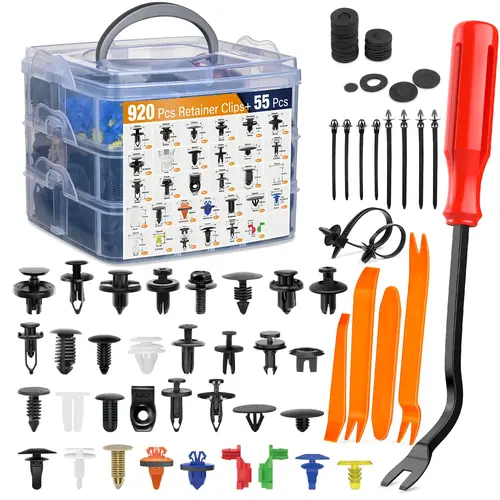 975Pcs Automotive Accessories Vehicle Replacement Push Retainer Clips & Auto Fasteners Assortment - 33 Popular Sizes Bumper Fender Rivets with Cable Ties, Removal Plier, Pitman Plastic Fastener Kit
