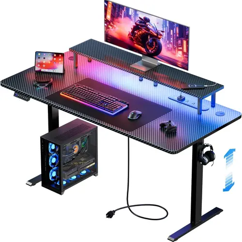 Ecofurnix Electric Height-Adjustable Gaming Desk (63/55/47 in) - LED Lights, Power Outlet, Monitor Stand, Ergonomic Home Office Setup, Black (Summerwins) for Gaming,Wfh,Streamer,Studio,Dual Monitor Setups, Gaming Setup, Dual Monitor Setup, Standing Desk