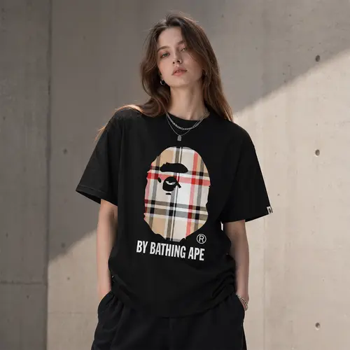 BAPE A Bathing Ape Check by Bathing Tee - Black T-Shirt with Iconic Ape Head Design and Plaid Pattern for BAPE Enthusiasts