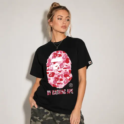Bathing Ape APE ABC Camo Tee Black/Pink Short Sleeve Crew Neck Casual Summer T-Shirt with Iconic Ape Head Design and Plaid Pattern
