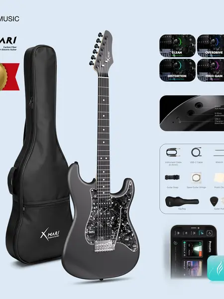 【Zero-Gear Rocker】Xmari Smart Electric Guitar with DSP Effects, 4 Presets, USB C OTG Recording, Headphone Output, Alnico Pickups w/Coil Split, Carbon Fiber Body Gig Bag Strap Cable & Picks【no built in amp】24-Hour Shipping 2-Year Warranty DealsForYouDays