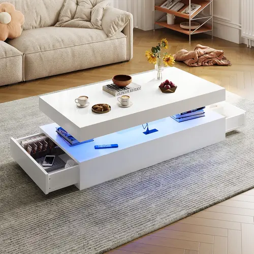 39“/47” High-Glossy LED Coffee Table for Living Room, Modern Stylish Double-Layer Indoor Furniture with 2 Sliding Drawers & Storage, White Center Table (1 Package Shipping), Coffee Table Living Room,dorm essentials,home decor Led Nightstand Sets