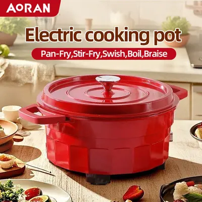 AORAN Red ename dual-zone electric hot pot featuring rapid heat transfer and high-temperature resistance with a non-stick coating for easy cleaning