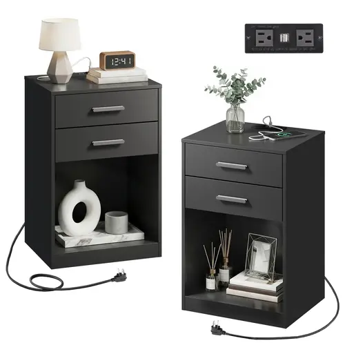 [Set of 2] WLIVE Nightstands with Charging Station, Bedside Table with Drawer | Storage(2 Drawers + 1Shelf), Charging Station(2AC+2USB), Sturdy 44lbs, Easy Setup with Tools, Pet-friendly Design for Bedroom, Matching Side Table, Modern Black Nightstand