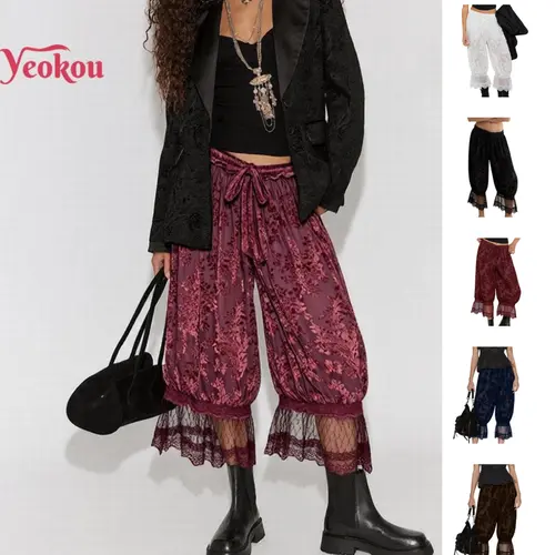 Yeokou Women's Vintage Lace-Trimmed Bloomers - Bohemian Cropped Baggy Legged Bottoms, Polyester-Nylon Boho Fashion Trousers, Casual Loose Hippie Earthy Pants for Women, Bottom