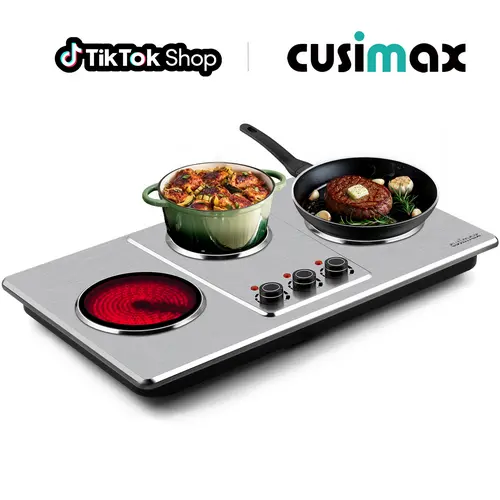 CUSIMAX 3-Burner Infrared Electric Hot Plate - 1800W Stainless Steel Kitchen Appliances Countertop Hob, 7in Ceramic Glass Cooktop, 11-Level Temp Setting, 120V Input, Auto Shut-Off, Universal Cookware Compatibility, 30-Day Hassle-Free Return,SummerFinds, T