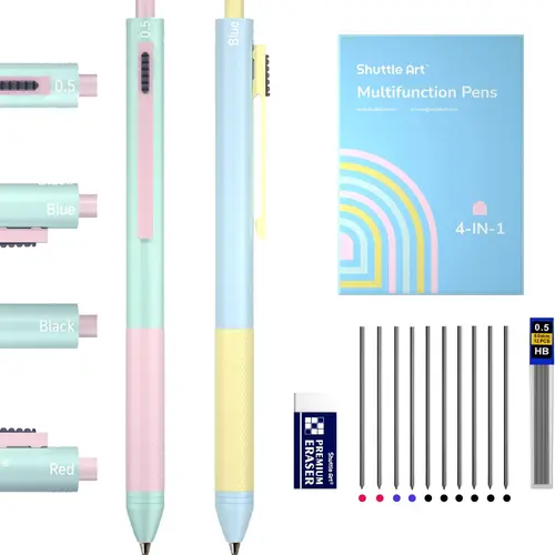 Shuttle Art 4 in 1 Gravity-Activated Multicolor Pen, 2 Pack Retractable Ballpoint Pens with 1.0mm Black Blue Red Ink and 0.5mm Mechanical Pencil, Multifunction Pens Fresh Style Gift Set for Writing School Office Home,back to school,back to school shopping