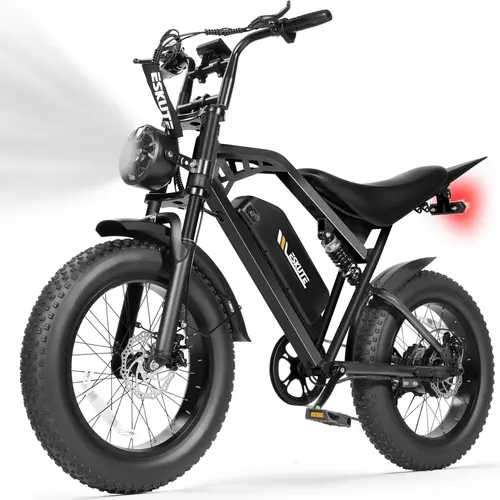 Eskute V200 Electric Bike | 52V 20.8Ah Huge Battery | 1500W Peak Power | 30-32 MPH | Full Suspension | 80 Miles Range | 7-Speed Dual Suspension | 20" x4.0 Fat Tire e-bike Mid Drive with LED Lights, Bikes