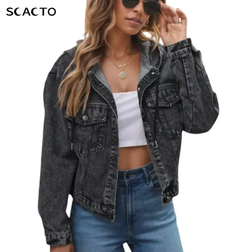 Scacto Women's Hooded Denim-Look Jacket - Casual Cotton-Blend Long-Sleeve Regular-Fit Outerwear, Plain Polyester, Multi-Size (Incl. 2XL), Layers Easily Over Tees, All-Season Top