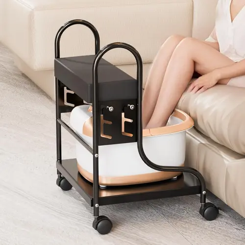 OmySalon Stable Sturdy Metal Frame Height-Adjustable Pedicure Cart Foot Bath Trolley with PU Cushion, Lockable Wheels, Portable Salon Furniture for Nail Estheticians, Beauty Spa Supplies (Foot Soaking Tub Not Included), Pedicure Trolley